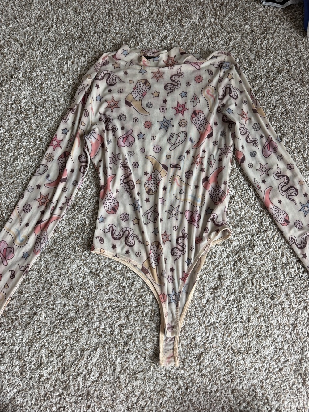 Long Sleeve Cream Western Print Bodysuit